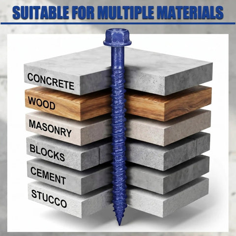 Heavy Duty Blue Hex Head Concrete Screw Anchors PTFE Coated Carbon Steel 1/4 In X 2-3/4 In 200 Pc Bulk Pack shown embedded in multiple materials.