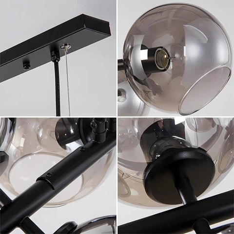 Black Glass Ball LED Pendant Light Transparent Globe Housing showing detail of the black metal fixture and smoky glass ball.