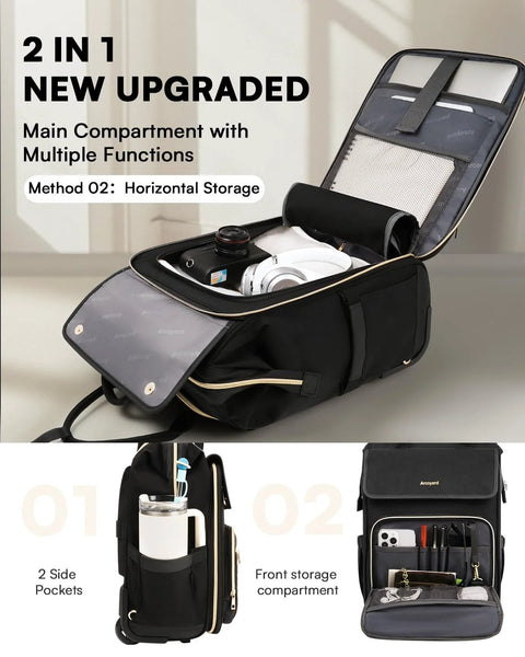 Arcoyard rolling backpack for women with wheels; front and side views show front pocket, two side pockets, and open main compartment.