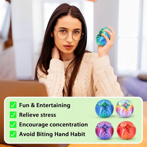 Woman holding a Gear Ball Fidget Toy from 4 Pack For Stress Relief And Focus 3D Printed GearSphere Spin Cube Multicolor Set
