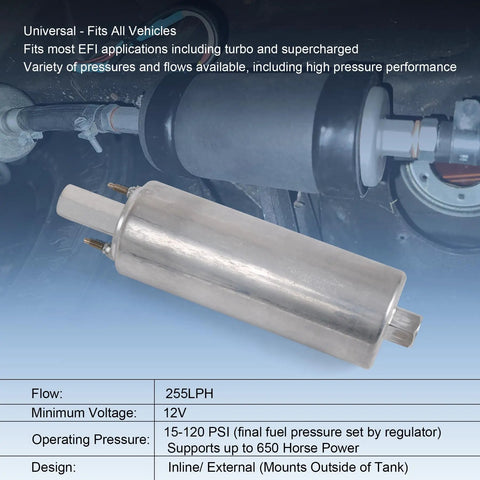 Beefed Up External Inline Fuel Pump Kit With High Flow 255 LPH Performance For 12V Vehicles displaying pump and specs