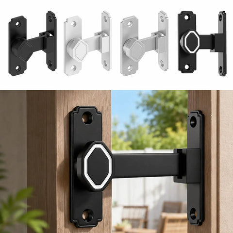 Premium Aluminum Sliding Barn Door Lock Featuring 90 Degree Flip Security Latch in black, mounted on wood door.