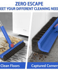 2 In 1 Floor Cleaning System With V Shaped Scrub Brush And Foam Squeegee For Tiles Marble Glass Bathrooms Kitchens Garages Grout And Pet Hair Cleanup Deep Clean And Fast Dry in action on dirty floor and corner