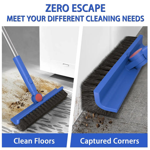 2 In 1 Floor Cleaning System With V Shaped Scrub Brush And Foam Squeegee For Tiles Marble Glass Bathrooms Kitchens Garages Grout And Pet Hair Cleanup Deep Clean And Fast Dry in action on dirty floor and corner