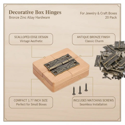 20 Pack Decorative Box Hinges One Point Seventy Seven Inch Bronze Zinc Alloy With Scalloped Edge on wooden box with screws