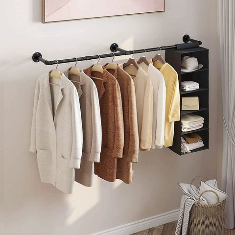 Heavy Duty Industrial Pipe Clothes Rack Wall Mounted With Double Pole Hanging Rod For Laundry Room And Closet