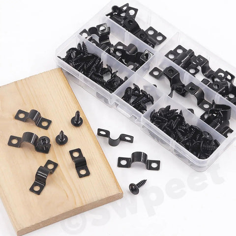 All In One 120Pcs Two Hole U Bracket Clamp Kit With Self Tapping Screws For Pipe Or Cable Fixing, clamps and screws organized in a box