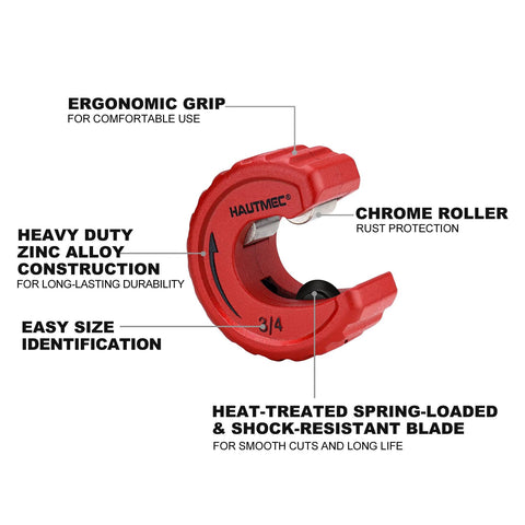 Front view: Red HAUTMEC copper tubing cutter with ergonomic grip, chrome roller, heat-treated blade