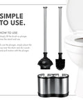 Heavy Duty Toilet Plunger and Brush Combo for Freestanding Stainless Steel Bathroom beside toilet with instruction text