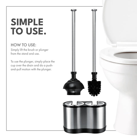 Heavy Duty Toilet Plunger and Brush Combo for Freestanding Stainless Steel Bathroom beside toilet with instruction text