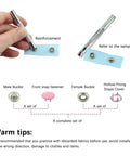 240 Piece Snaps Button Fastener Kit With Hollow And Solid Prong Snaps, showing installation steps and snap components