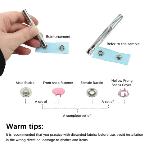 240 Piece Snaps Button Fastener Kit With Hollow And Solid Prong Snaps, showing installation steps and snap components