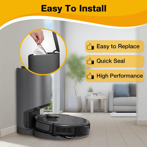 Hand inserting 12 Pack Heavy Duty Disposable Vacuum Dust Bags Compatible With K781 Plus Vac Station And OZMO T8 AIVI T8 Series N8 Pro Plus into robot vacuum.