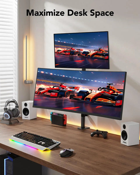 Vertical Dual Monitor Mount For Two 17 To 32 Inch Screens With Height Adjustable Arms And C Clamp Ergonomic Desk Mount Holds Up To 17.6 Lbs Per Screen Stackable Setup For Maximized Comfort And Productivity showing stacked monitors on a desk.