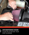 Hands installing High Flow Lifetime Engine Air Filter Reusable And Washable Premium Heavy Duty Filtration for cars and trucks