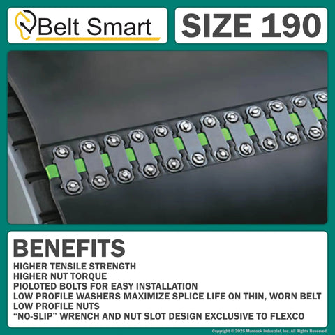 Close-up of Heavy-Duty 190E Quick-Fit Conveyor Belt Fasteners Set, steel, box of 25, installed on a conveyor belt.