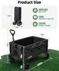 Foldable Utility Wagon With 42 Inch Telescoping Handle And All Terrain Wheels For Groceries Camping Beach Garden And Sports Gear Heavy Duty Collapsible Shopping Cart shown with dimensions and weight capacity.
