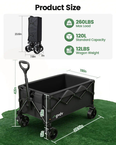 Foldable Utility Wagon With 42 Inch Telescoping Handle And All Terrain Wheels For Groceries Camping Beach Garden And Sports Gear Heavy Duty Collapsible Shopping Cart shown with dimensions and weight capacity.
