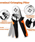 Dope Self-Adjustable Ratchet Wire Crimping Tool Kit For 23 AWG Down To 7 AWG Feats Heavy Duty Plier Plus 400 Pc Copper Terminal Connectors And Ferrules Perfect For Car Audio, Relays Lamp Wiring And Industrial Electrician Jobs. Ratchet terminal crimping plier with ergonomic handle and quick release lock