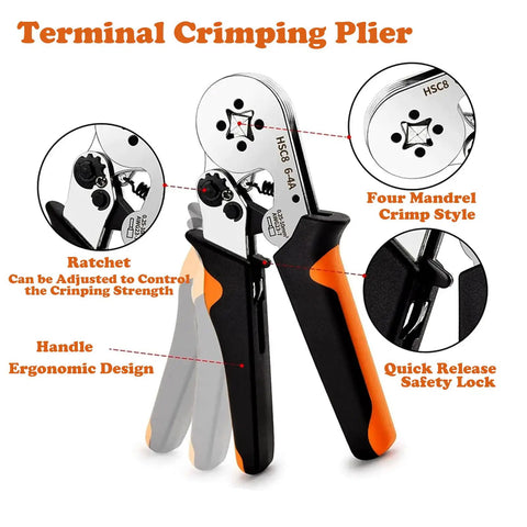 Dope Self-Adjustable Ratchet Wire Crimping Tool Kit For 23 AWG Down To 7 AWG Feats Heavy Duty Plier Plus 400 Pc Copper Terminal Connectors And Ferrules Perfect For Car Audio, Relays Lamp Wiring And Industrial Electrician Jobs. Ratchet terminal crimping plier with ergonomic handle and quick release lock