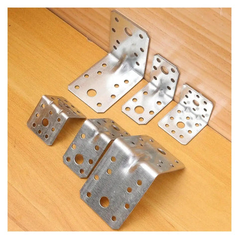 Heavy Duty L Shaped Shelf Brackets for Furniture and Shelves, galvanized iron, 90 degree, various sizes on wooden surface