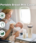 Double Wall Portable Breastmilk Cooler With Thirty Oz Capacity Keeps Fresh Nursing Storage Ice Cold For Twenty Hours Straight Up A Total Lifesaver And Pure Game Changer For Busy Moms On The Move, shown being used on an airplane.