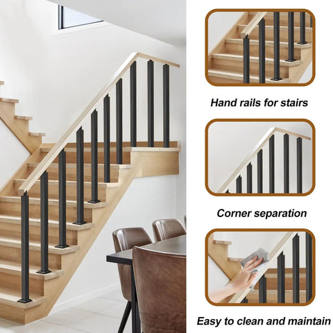 Indoor Stair Railing Kit Four Pack Black Post Kit With 270 Degree Adjustable Flat Brackets installed on wooden staircase