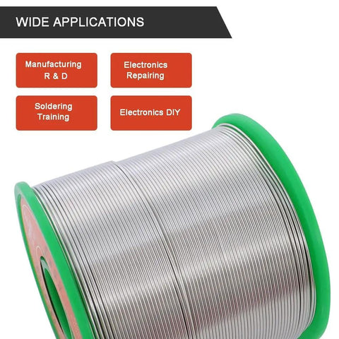 Spool of Legit Lead Free Rosin Core Solder Wire 0.6mm Diameter Sn99 Ag0.3 Cu0.7 for electronics with use cases displayed