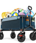 Beast Of A Heavy Duty Collapsible Wagon With Brakes For All Terrain Use, Handy Utility Cart, blue, filled with beach items