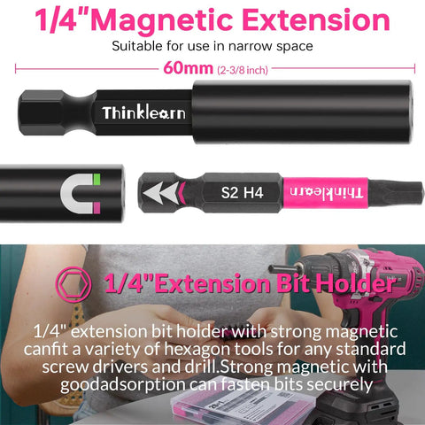 20 Piece Hex Head Allen Wrench Drill Bit Set With Quarter Inch Hex Shank, S2 Steel Bits, Magnetic Tips, pink extension bit holder