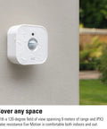 Super Smooth Wireless Smart Motion Sensor 3 Pack Wide Angle Indoor Outdoor Detection mounted on a wall, water-resistant design.