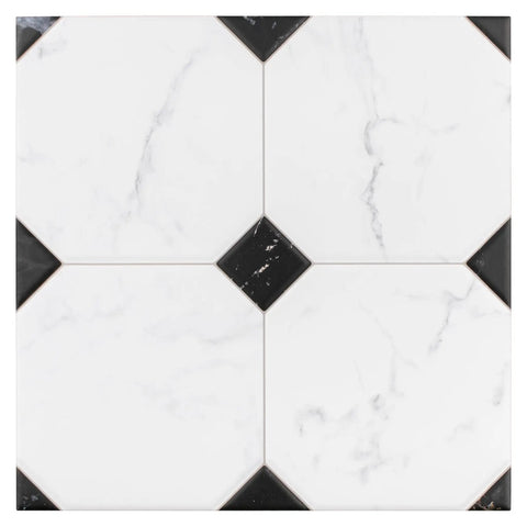 Betera Blanco Porcelain Tile For Floors And Walls, 13.13 In Square, 0.31 In Thick, Glazed Low Sheen Finish, black accents