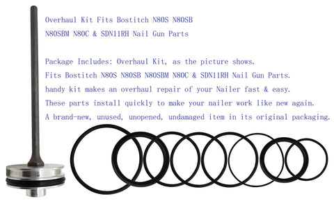 Nail Gun Overhaul Kit For N80S N80SB N80SBM N80C SDN11RH with piston and O-rings in original packaging.