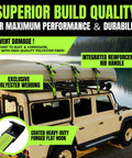 Top Shelf Ratchet Tie Down Straps With Flat Hooks 2 Inch By 15 Feet 10000 Pound Breaking Strength 4 Pack securing a kayak on a vehicle roof.