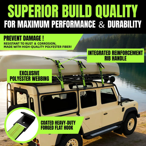 Top Shelf Ratchet Tie Down Straps With Flat Hooks 2 Inch By 15 Feet 10000 Pound Breaking Strength 4 Pack securing a kayak on a vehicle roof.