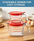 Must Have Glass Measuring Cups Set With Lids, 4 Piece Borosilicate Kitchen Measuring Cups stacked on counter, red lids