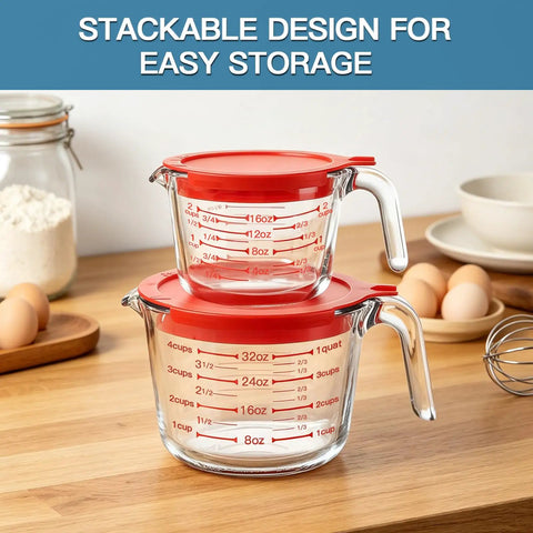 Must Have Glass Measuring Cups Set With Lids, 4 Piece Borosilicate Kitchen Measuring Cups stacked on counter, red lids