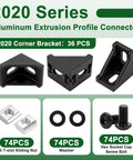 36 Piece 2020 Series Aluminum Extrusion Connector Kit With Black 2028 Corner Bracket 74 M5 T Nuts And Screws Washers And Allen Wrench Heavy Duty Pro Grade Build For 20S Aluminum Rail Systems; black brackets and hardware set