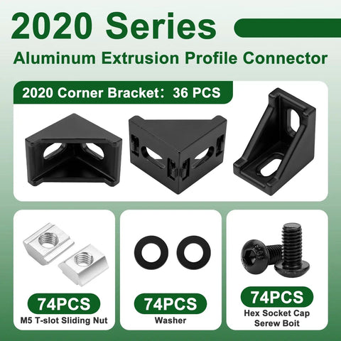 36 Piece 2020 Series Aluminum Extrusion Connector Kit With Black 2028 Corner Bracket 74 M5 T Nuts And Screws Washers And Allen Wrench Heavy Duty Pro Grade Build For 20S Aluminum Rail Systems; black brackets and hardware set