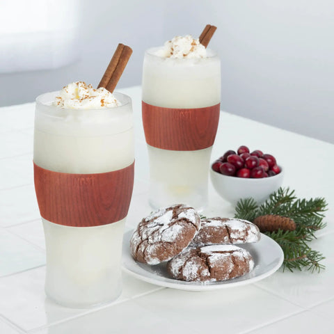 Level Up Your Chill Game With These Freezable Pint Glasses Double Walled Insulated Tumblers That Keep Beer And Iced Coffee Straight Frosty Built To Last Set Of Two Wooden Handles with frosted drinks, cookies, and cranberries.