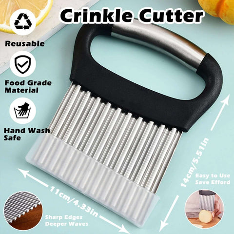 Front view of a large stainless steel crinkle cutter with black ergonomic handle for vegetables and fries (14 cm blade).