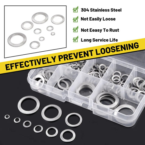 160Pcs 304 Stainless Steel Wedge Locking Washer Kit Conical Knurled Double Side Spring Washers assorted sizes in storage box.
