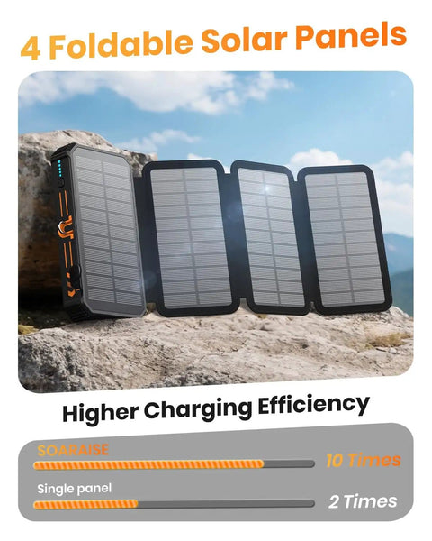 On The Go 48000mAh Solar Charger Power Bank With Four Solar Panels Wireless Charging Four Built In Cables PD QC 3 on rocks