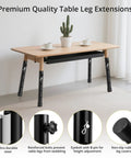 Four Piece Table Leg Extender Set Adjustable Height Lifter Fits Straight And Curved Folding Tables Up To One Point Three Eight Inch Tube Black beside a wooden table.