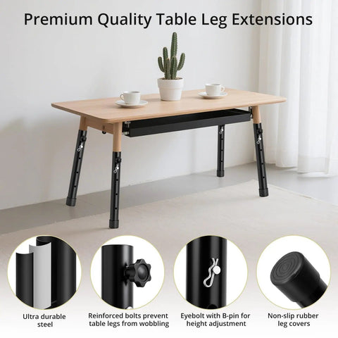Four Piece Table Leg Extender Set Adjustable Height Lifter Fits Straight And Curved Folding Tables Up To One Point Three Eight Inch Tube Black beside a wooden table.