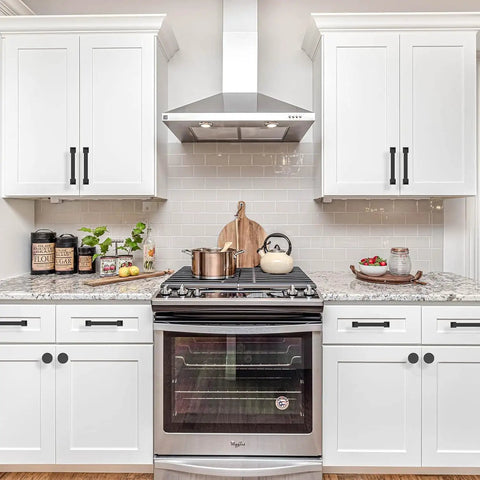 Rock Sick Matte Black Cabinet Knobs, 30-Pack Solid Round Designs For Kitchen And Closet Glow Up on stylish white kitchen cabinets.