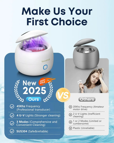 Heavy Duty 45Khz Ultrasonic Cleaning Pod For Jewelry Eyeglasses And Watches with UV lights and denture model for comparison.