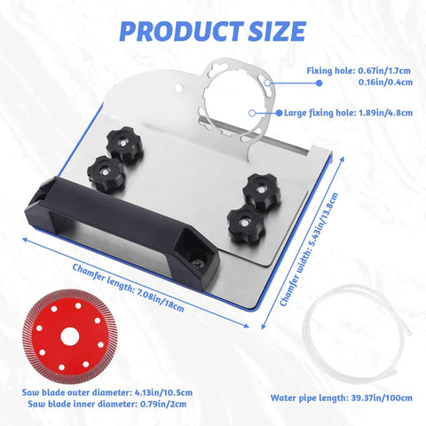 Pro Grade 45 Degree Tile Chamfering Tool For Angle Grinder Stand Kit with dimensions and parts labeled