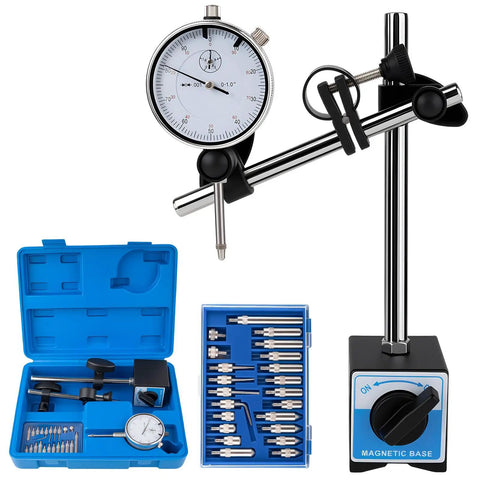 Dial Indicator With Magnetic Base 0 To 1 Inch Range And 0.001 Inch Resolution, 22 AGD Contact Points, 360 Degree Rotatable Arm shown in case