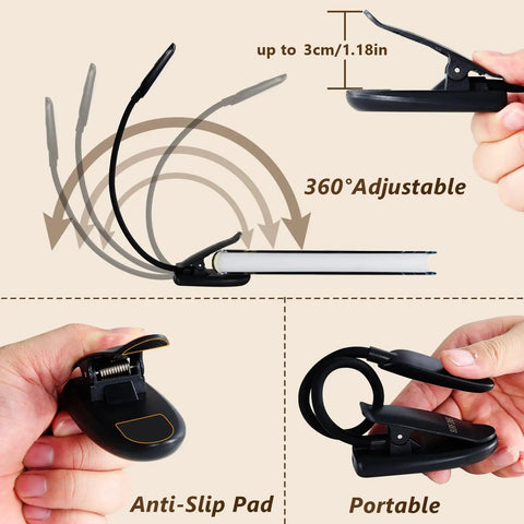 Rechargeable Clip On Book Light, 360° adjustable, anti-slip pad, compact portable design with blue light blocking filter.